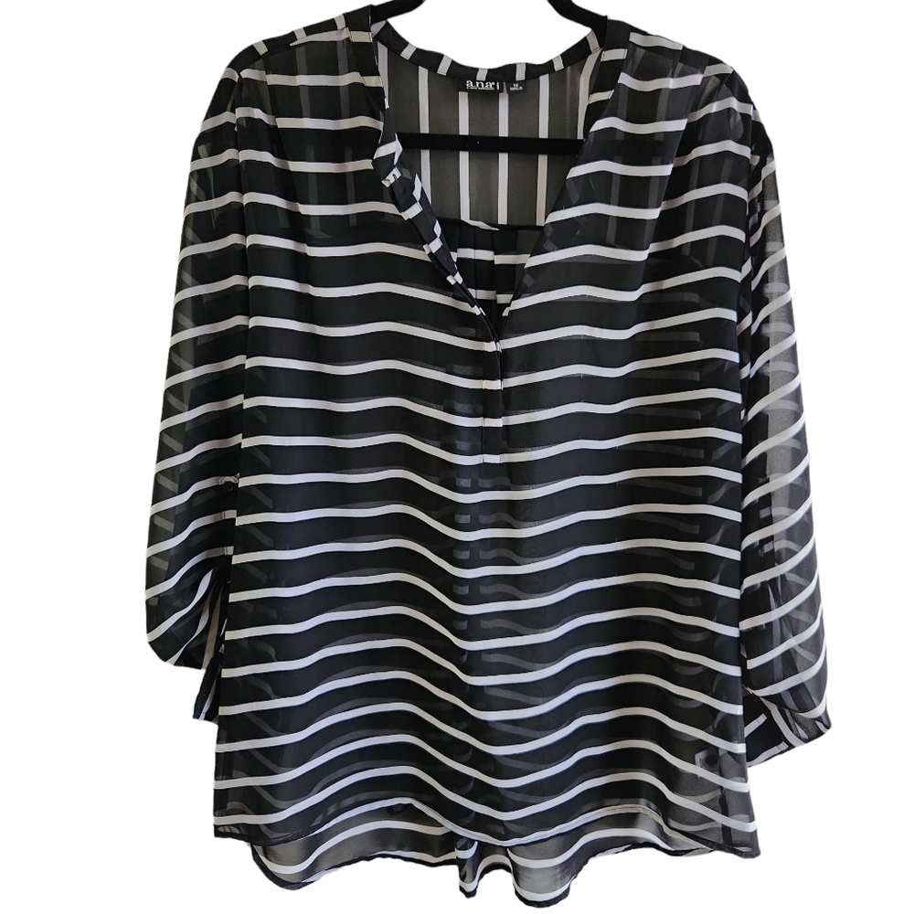 A.N.A.  Black/White Striped Sheer 1/4 Button Up Tunic, Suze 1X